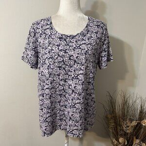 White Stag Women Short Sleeve T-shirt Top Scoop Neck Purple Floral Cotton Sz XL
